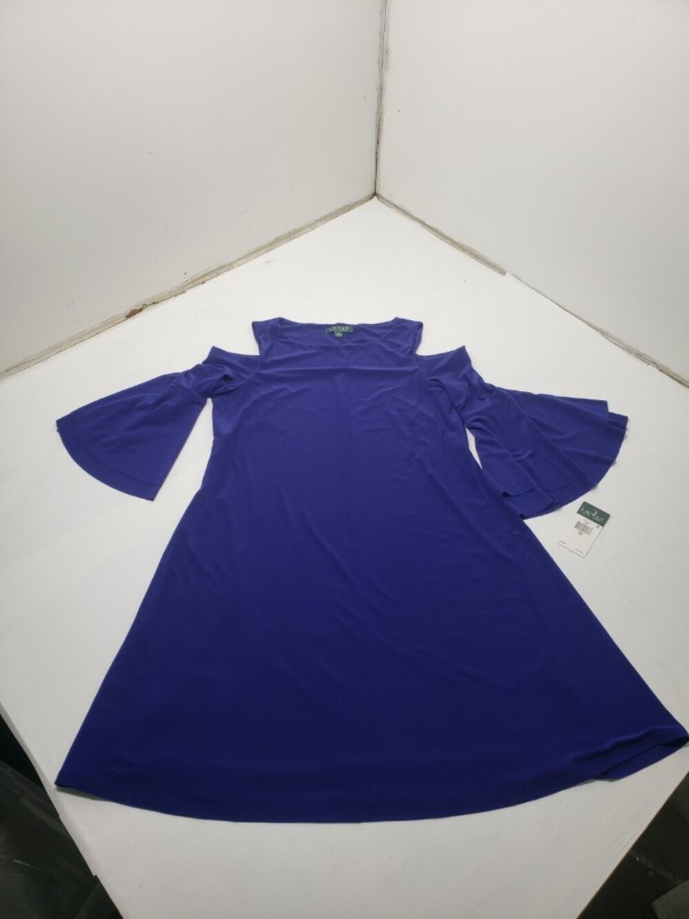 LAUREN Ralph Lauren Dress Women's 12 Blue Cold Shoulder Bell Sleeve NWT